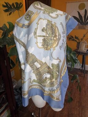 Roger L. Paris Eiffel Tower Gold & Light Blue Silk Scarf
